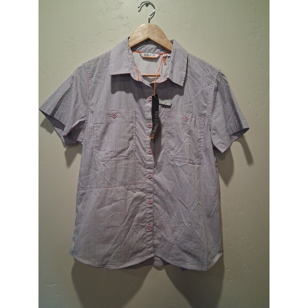Orvis Womens M Light Purple Plaid River Guide Short Sleeve Shirt Outdoor Fishing